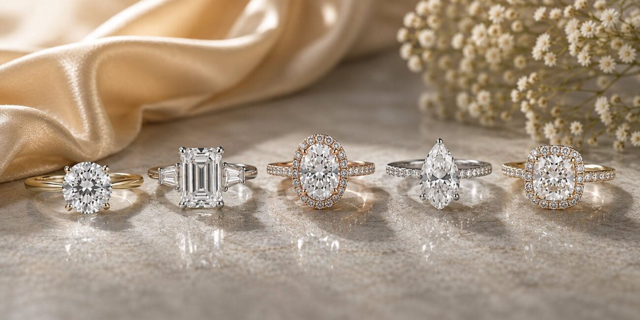 A row of diamond engagement rings in assorted styles, including solitaire, halo and three-stone settings