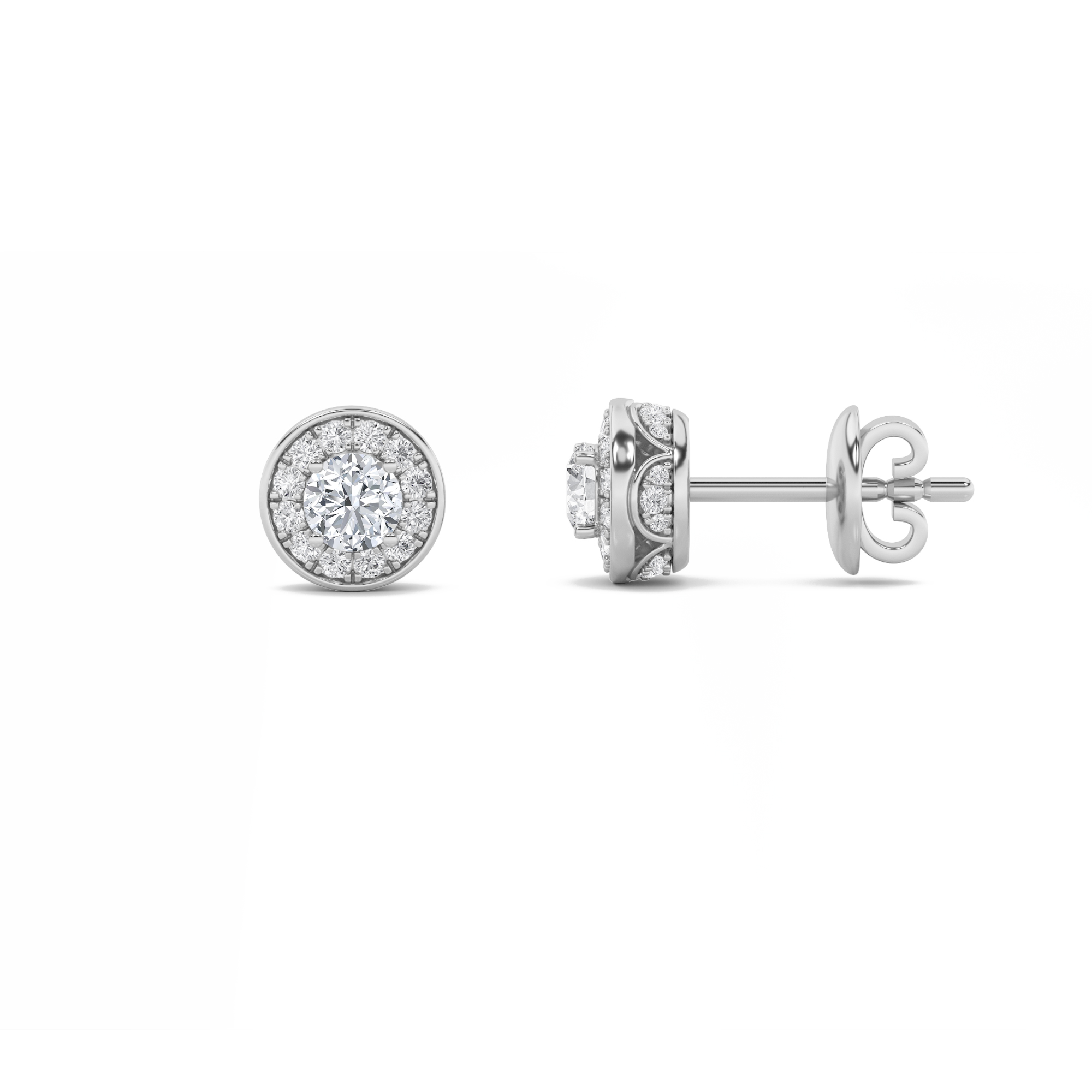 framed round halo lab grown diamond studs in 14K White Gold