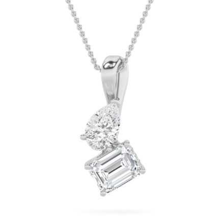 3 CT emerald cut and pear toi et moi lab grown diamond pendant in 14K White Gold