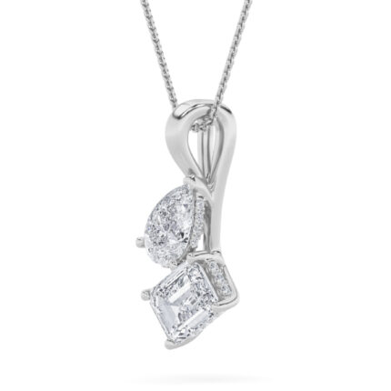 3 CT emerald cut and pear toi et moi lab grown diamond pendant in 14K White Gold