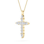 3.5 CT pear tipped pave cross lab grown diamond pendant in 14K Yellow Gold