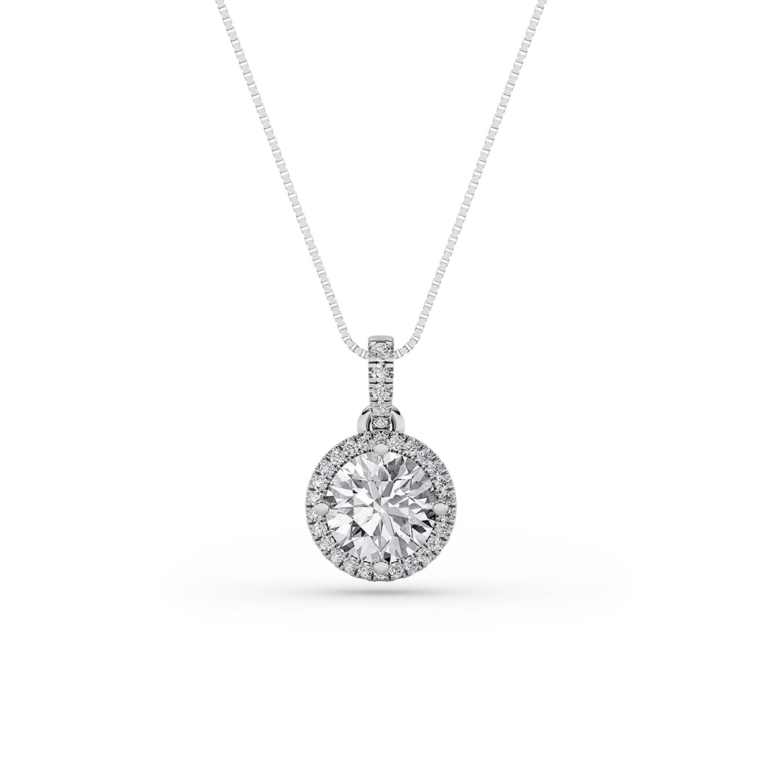 0.75 CT round halo lab grown diamond pendant in 14K White Gold