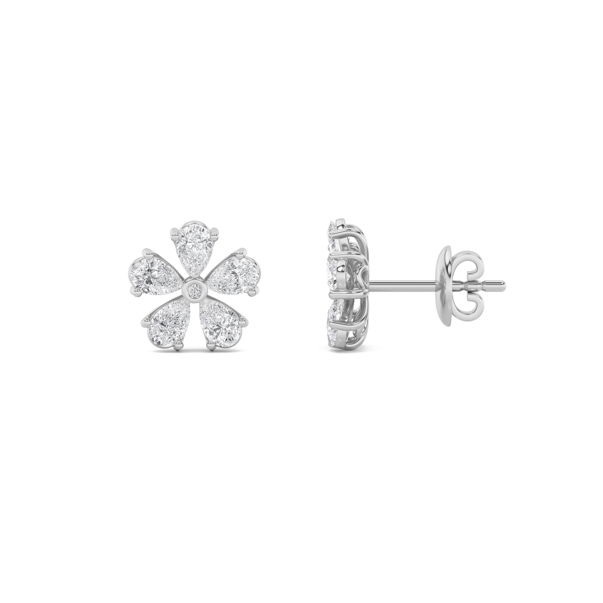 pear flower lab grown diamond studs in 14K White Gold