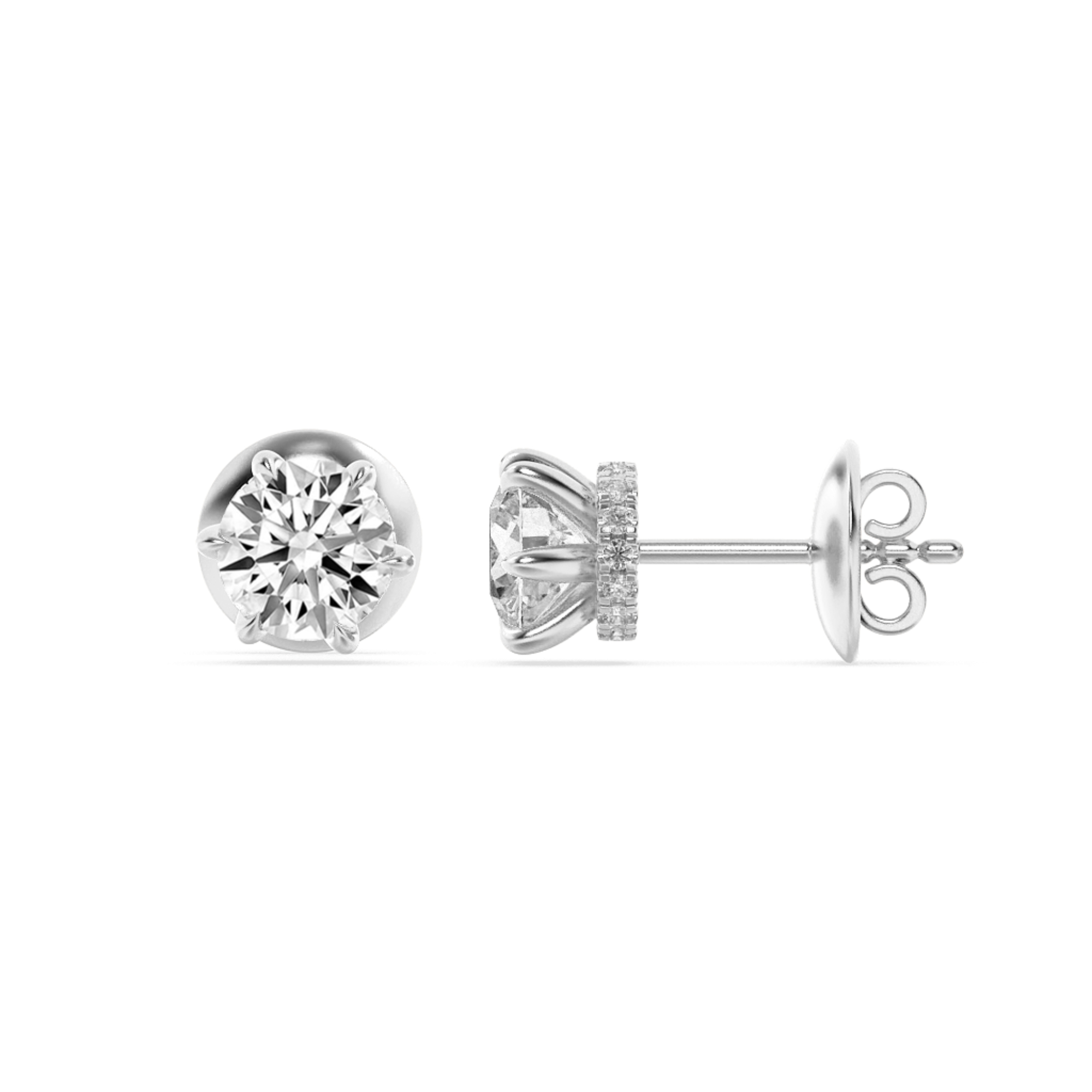 six-prong round lab grown diamond studs in 14K White Gold