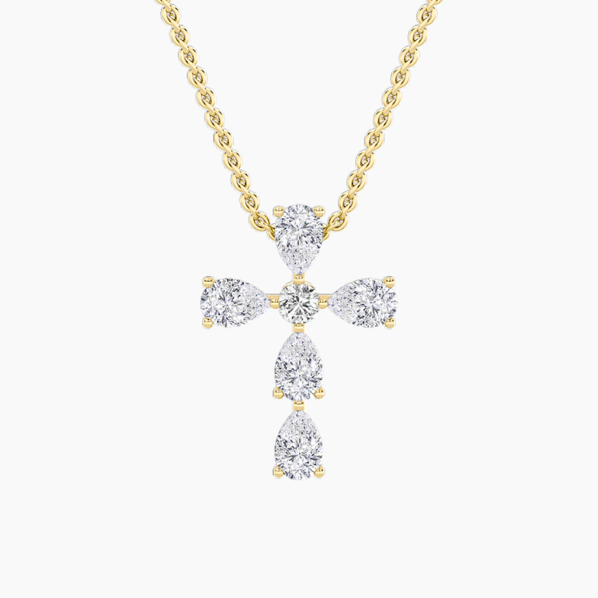 2.5 CT pear tipped cross lab grown diamond pendant in 14K Yellow Gold