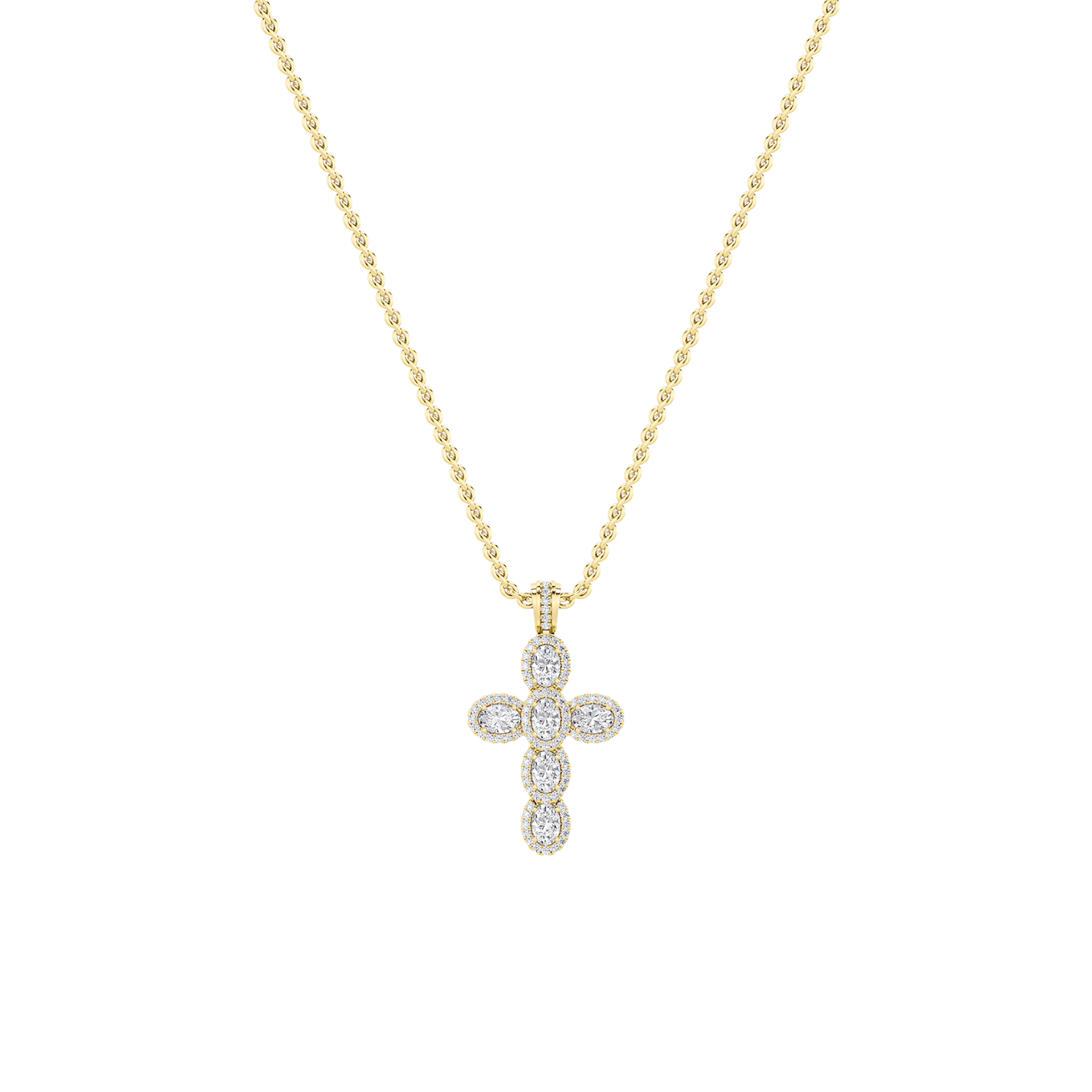3 CT oval pave cross lab grown diamond pendant in 14K Yellow Gold