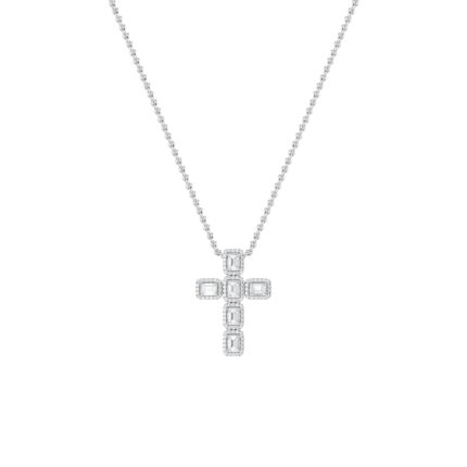 3 CT emerald cut pave cross lab grown diamond pendant in 14K White Gold