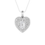 2 CT emerald cut pave heart lab grown diamond pendant in 14K White Gold