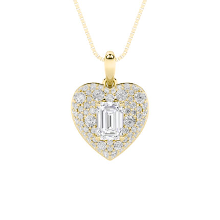 2 CT emerald cut pave heart lab grown diamond pendant in 14K Yellow Gold