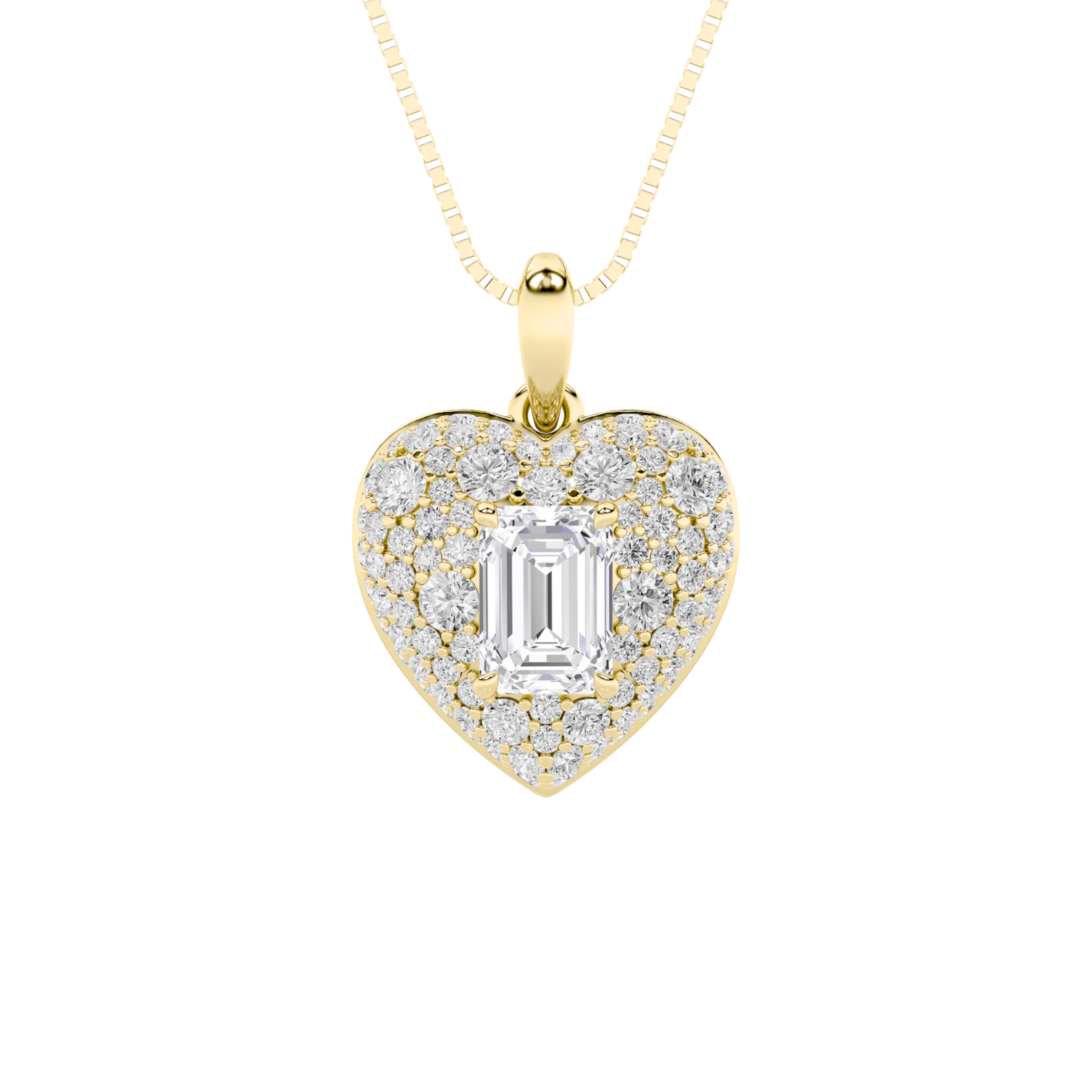 2 CT emerald cut pave heart lab grown diamond pendant in 14K Yellow Gold