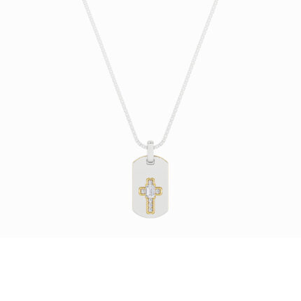 1 CT cross dog tag emerald cut lab grown diamond pendant in 14K Two-Tone Gold (White & Yellow)