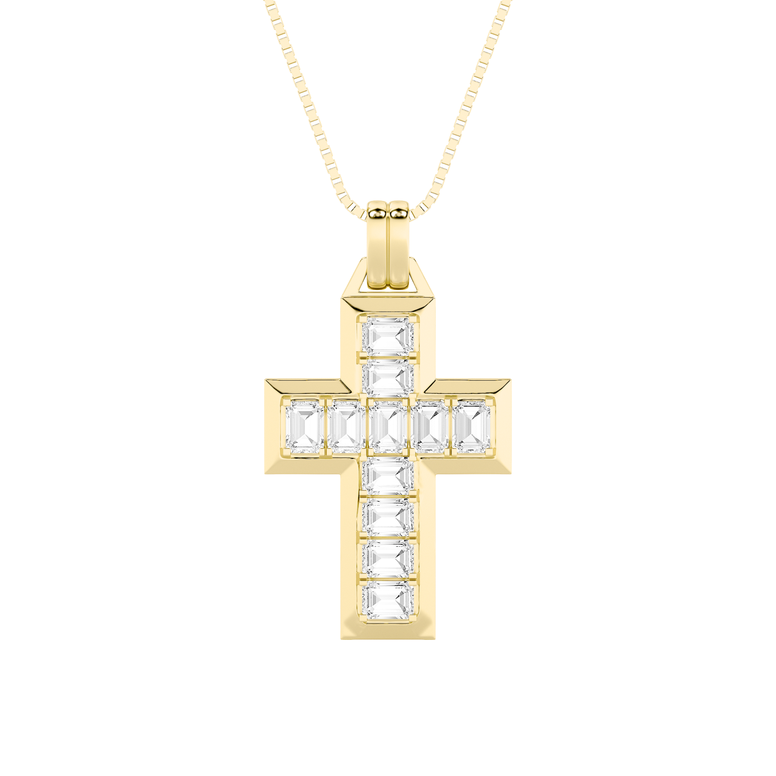 3 CT channel set emerald cut cross lab grown diamond pendant in 14K Yellow Gold