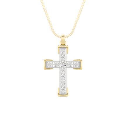 3 CT pave round cross lab grown diamond pendant in 14K Two-Tone Gold (White & Yellow)