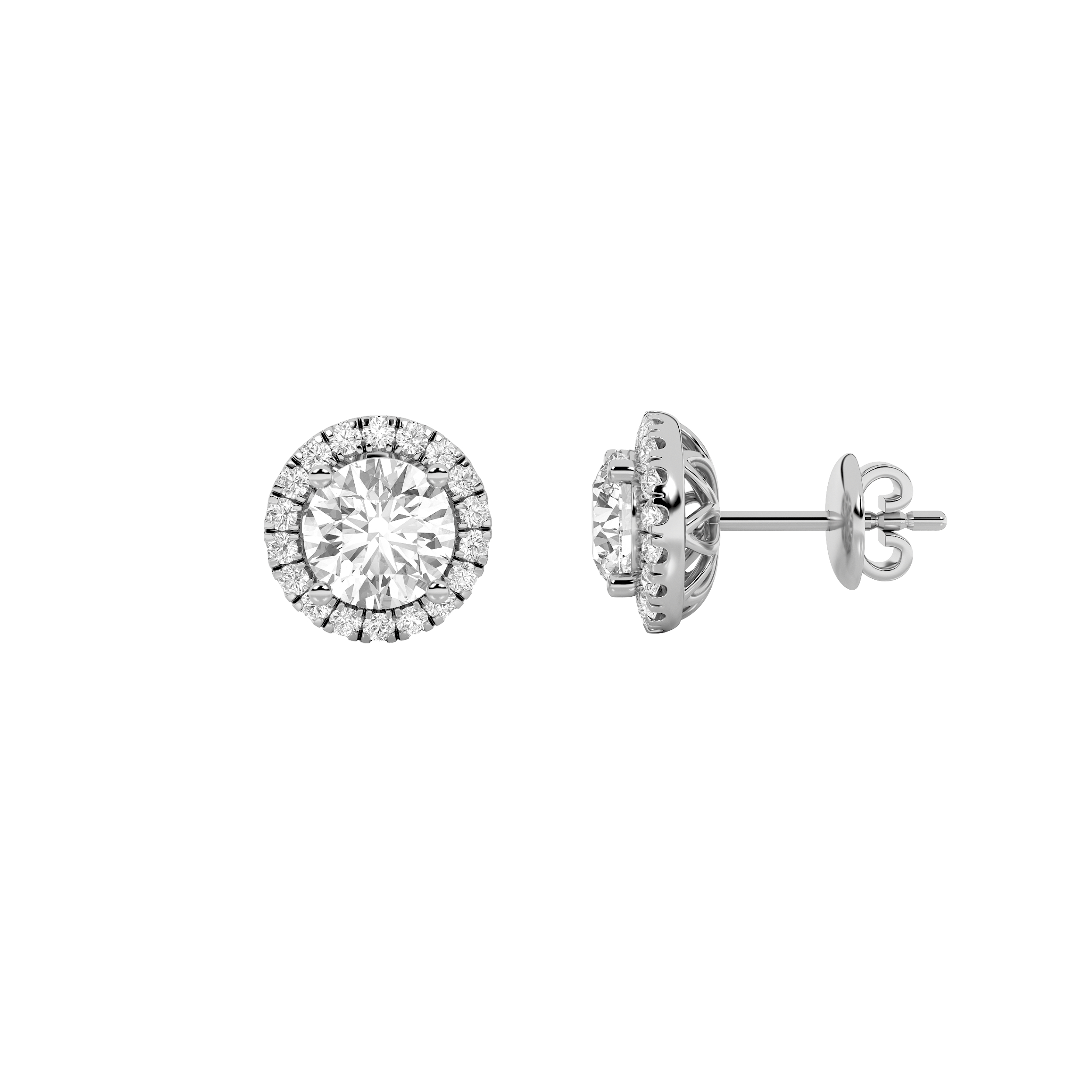 classic round halo lab grown diamond studs in 14K White Gold
