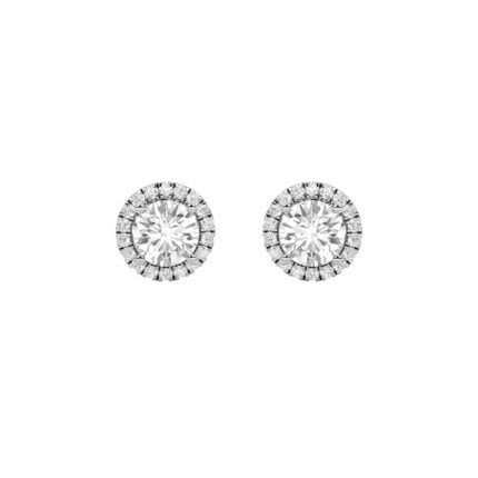 classic round halo lab grown diamond studs in 14K White Gold