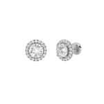 classic round halo lab grown diamond studs in 14K White Gold