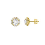 classic round halo lab grown diamond studs in 14K Yellow Gold