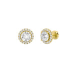 classic round halo lab grown diamond studs in 14K Yellow Gold