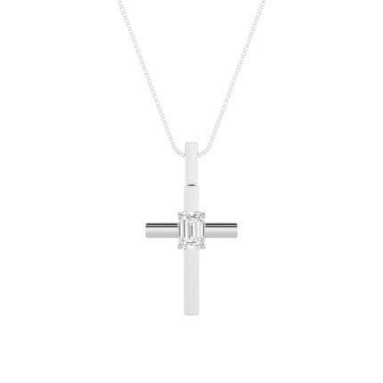0.5 CT emerald cut solitaire bar cross lab grown diamond pendant in 14K White Gold