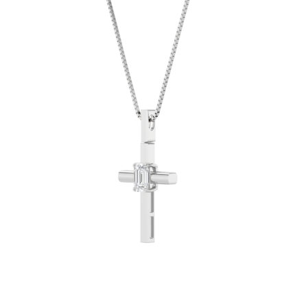 0.5 CT emerald cut solitaire bar cross lab grown diamond pendant in 14K White Gold