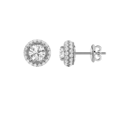 vintage round halo lab grown diamond studs in 14K White Gold