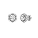 vintage round halo lab grown diamond studs in 14K White Gold
