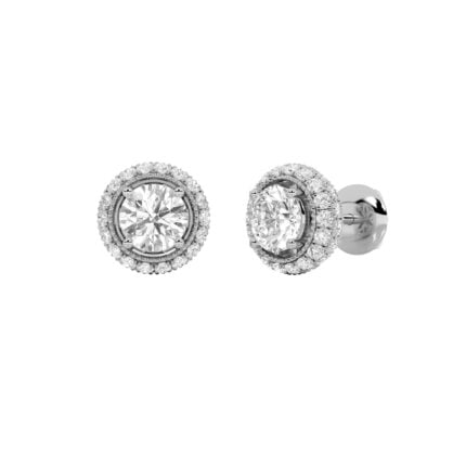vintage round halo lab grown diamond studs in 14K White Gold