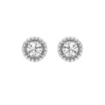 vintage round halo lab grown diamond studs in 14K White Gold