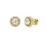 vintage round halo lab grown diamond studs in 14K Yellow Gold