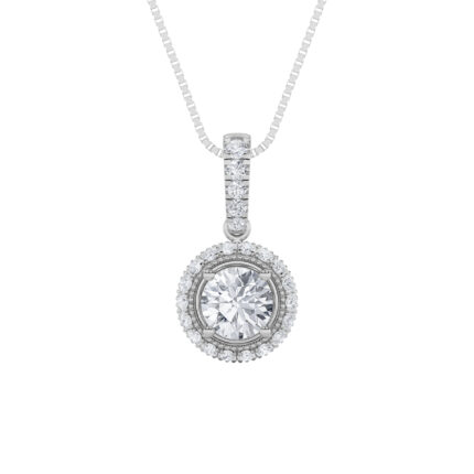 1 CT round halo with pave bail lab grown diamond pendant in 14K White Gold