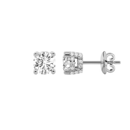 four-prong round lab grown diamond studs in 14K White Gold
