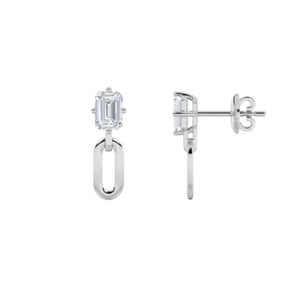 1ct Lab Grown Emerald Cut Stud Paperclip Drop Earrings in 14K White Gold