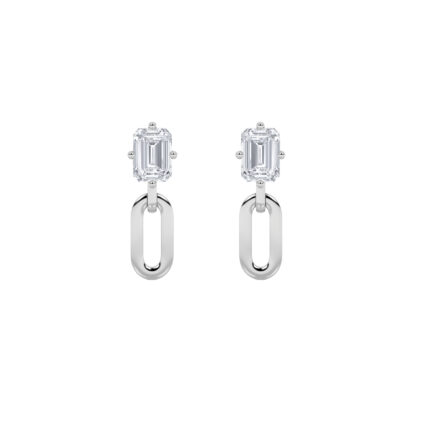 1ct Lab Grown Emerald Cut Stud Paperclip Drop Earrings in 14K White Gold
