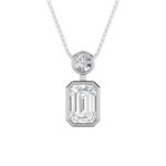 1 CT emerald cut and round bezel drop lab grown diamond pendant in 14K White Gold