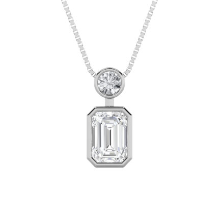1 CT emerald cut and round bezel drop lab grown diamond pendant in 14K White Gold