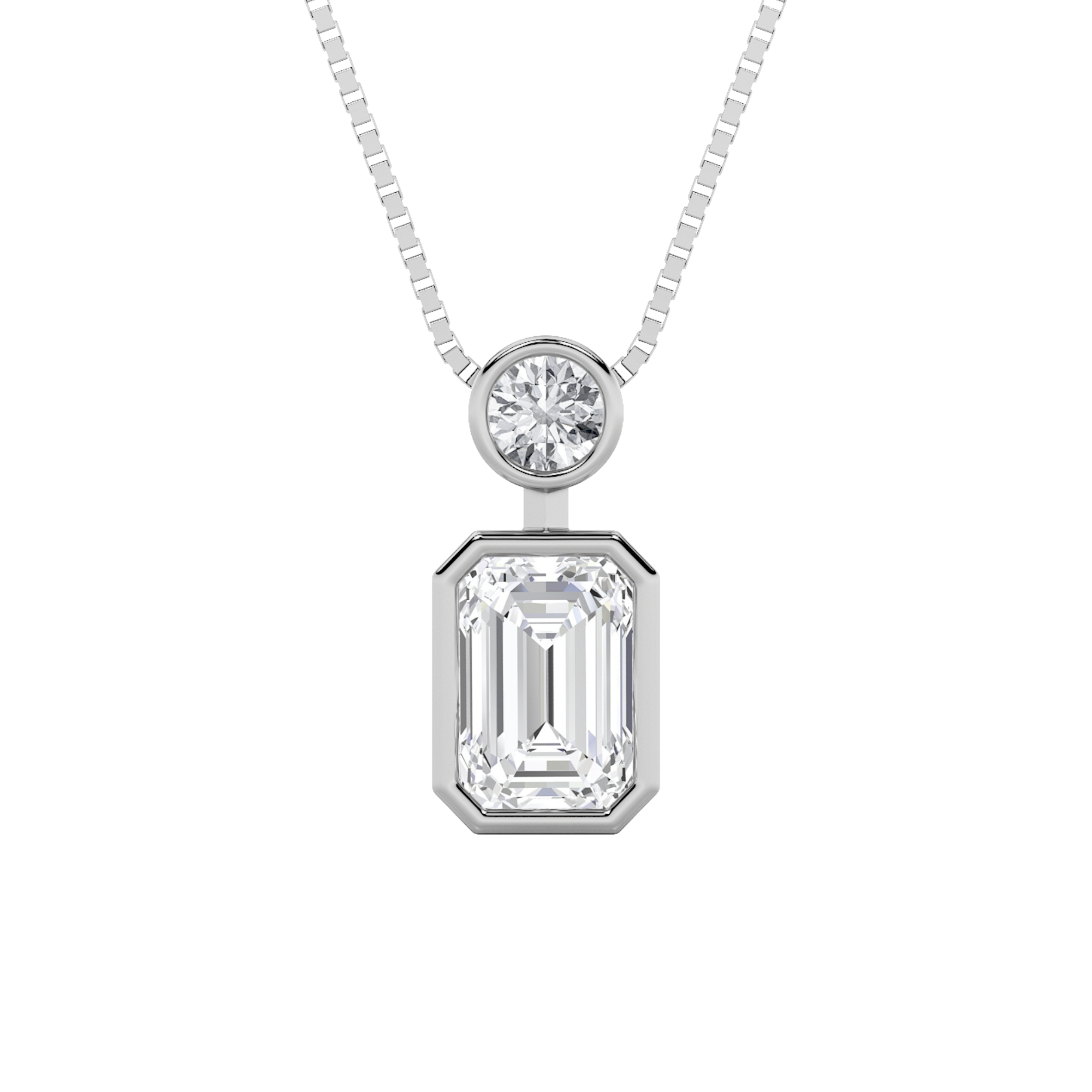 1 CT emerald cut and round bezel drop lab grown diamond pendant in 14K White Gold