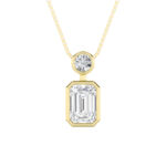 1 CT emerald cut and round bezel drop lab grown diamond pendant in 14K Yellow Gold
