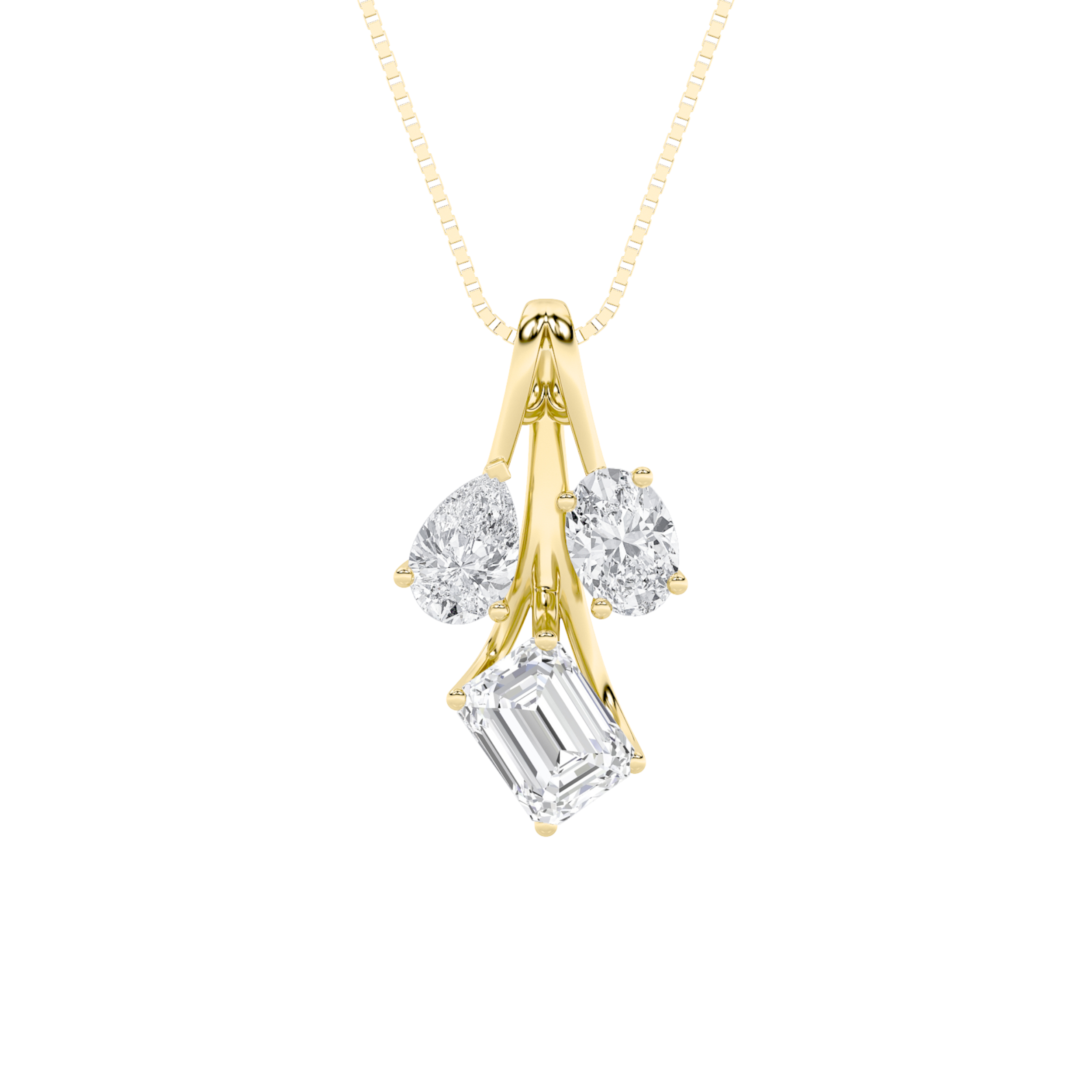 2 CT emerald cut, pear and oval cascade lab grown diamond pendant in 14K Yellow Gold