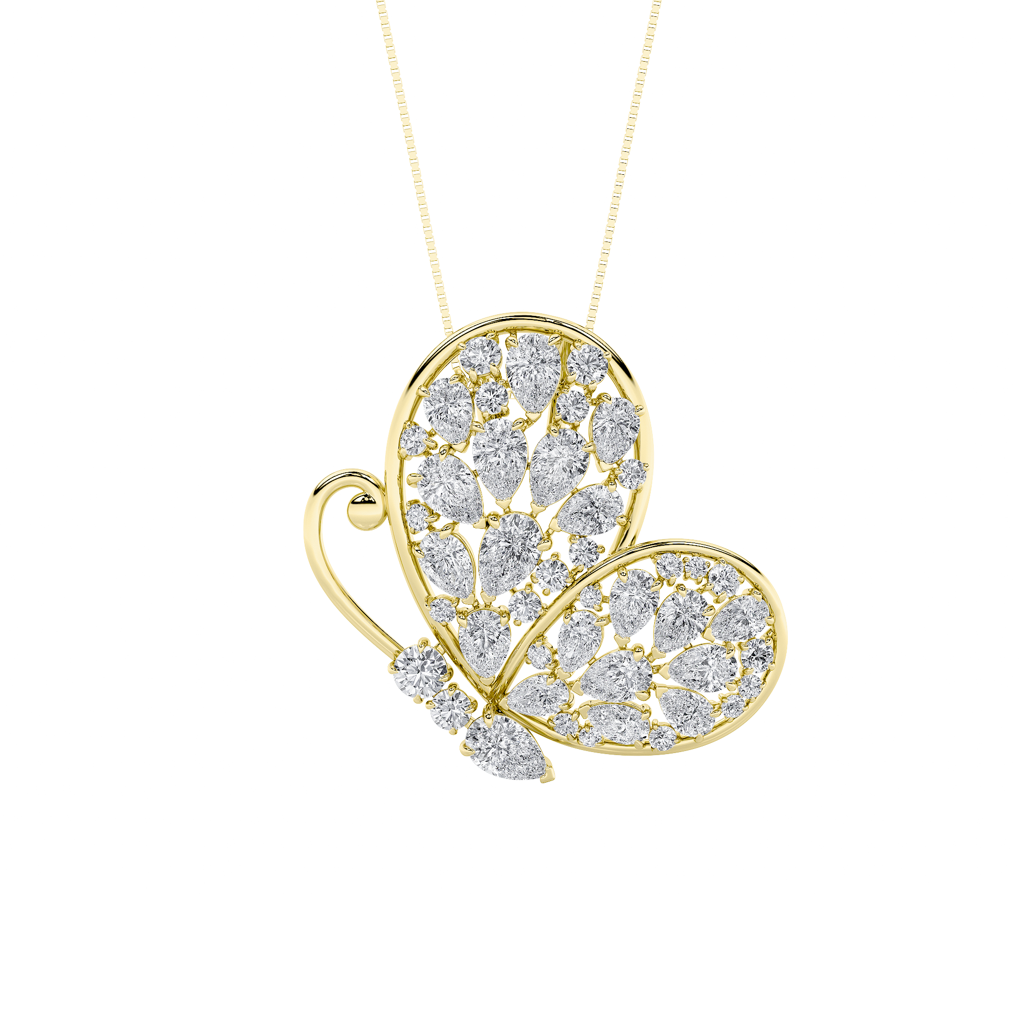 7.75 CT pear pave butterfly lab grown diamond pendant in 14K Yellow Gold