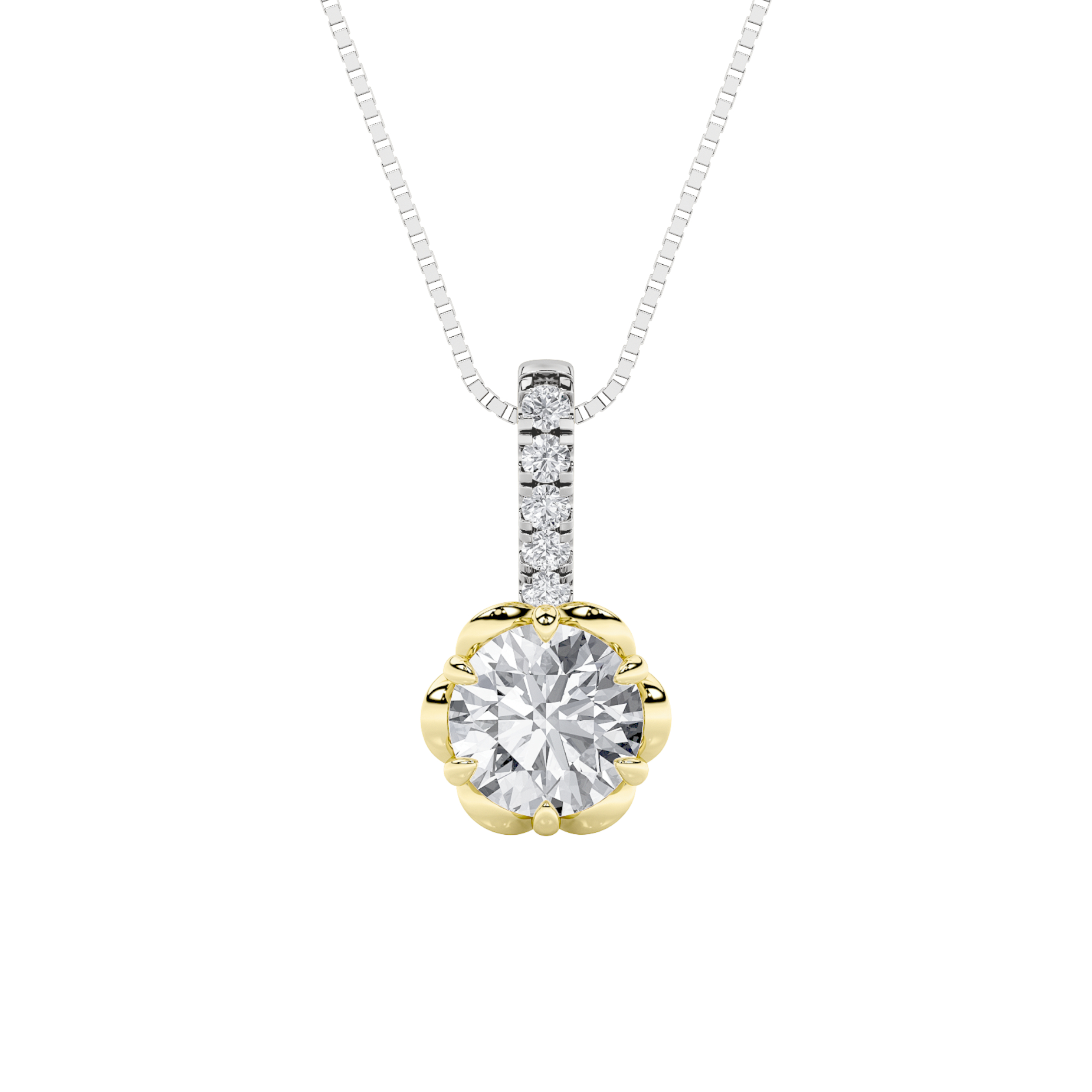 1.5 CT round solitaire with pave bail lab grown diamond pendant in 14K Two-Tone Gold (White & Yellow)