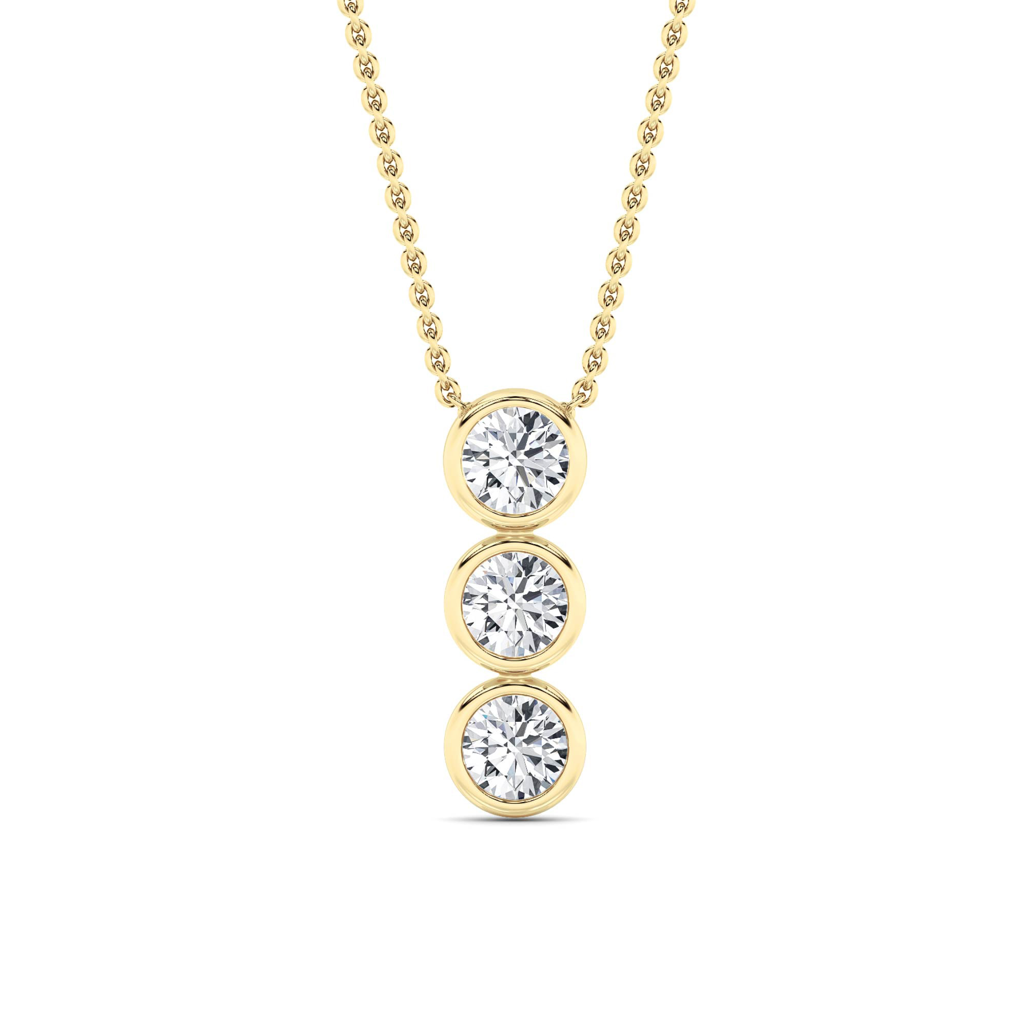 1 CT round three stone bezel drop lab grown diamond pendant in 14K Yellow Gold