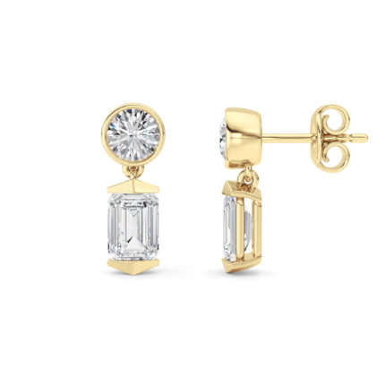 3ct Lab Grown Round & Emerald Cut Diamond Drop Earrings in 14K Yellow Gold