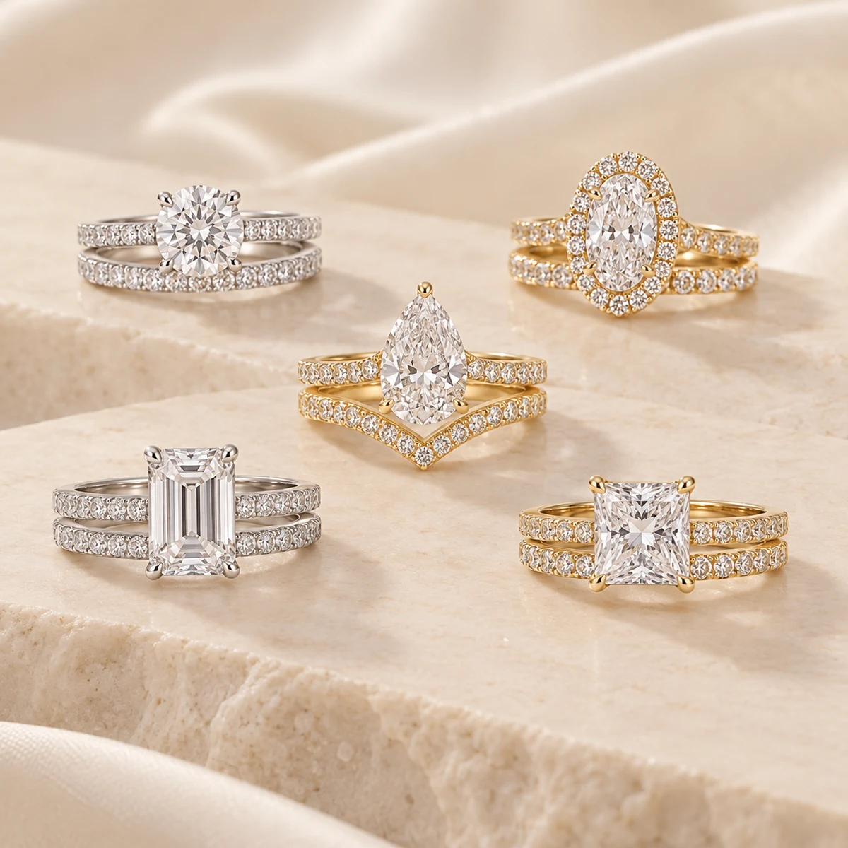 Diamond bridal sets with round, oval, marquise, emerald and princess-cut center stones in white and yellow gold