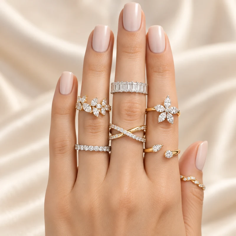 Stacked diamond fashion rings in yellow and white gold including marquise cluster, emerald eternity and crisscross pave bands
