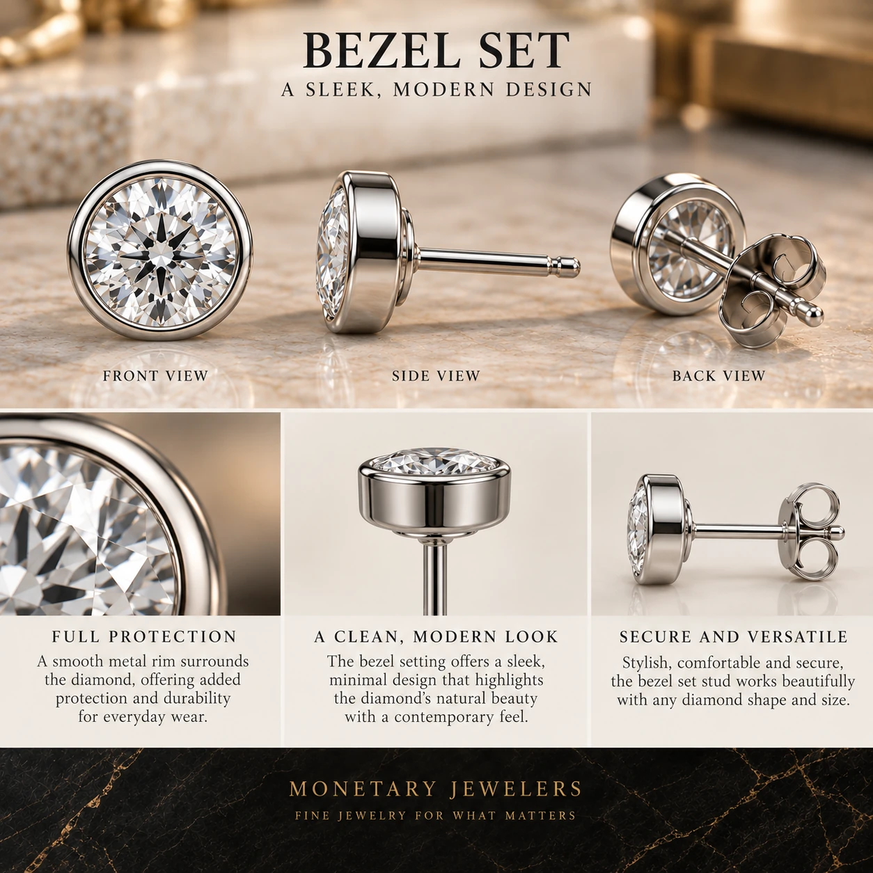 Bezel set diamond stud earring shown front, side and back, with a close view of the metal rim surrounding the diamond