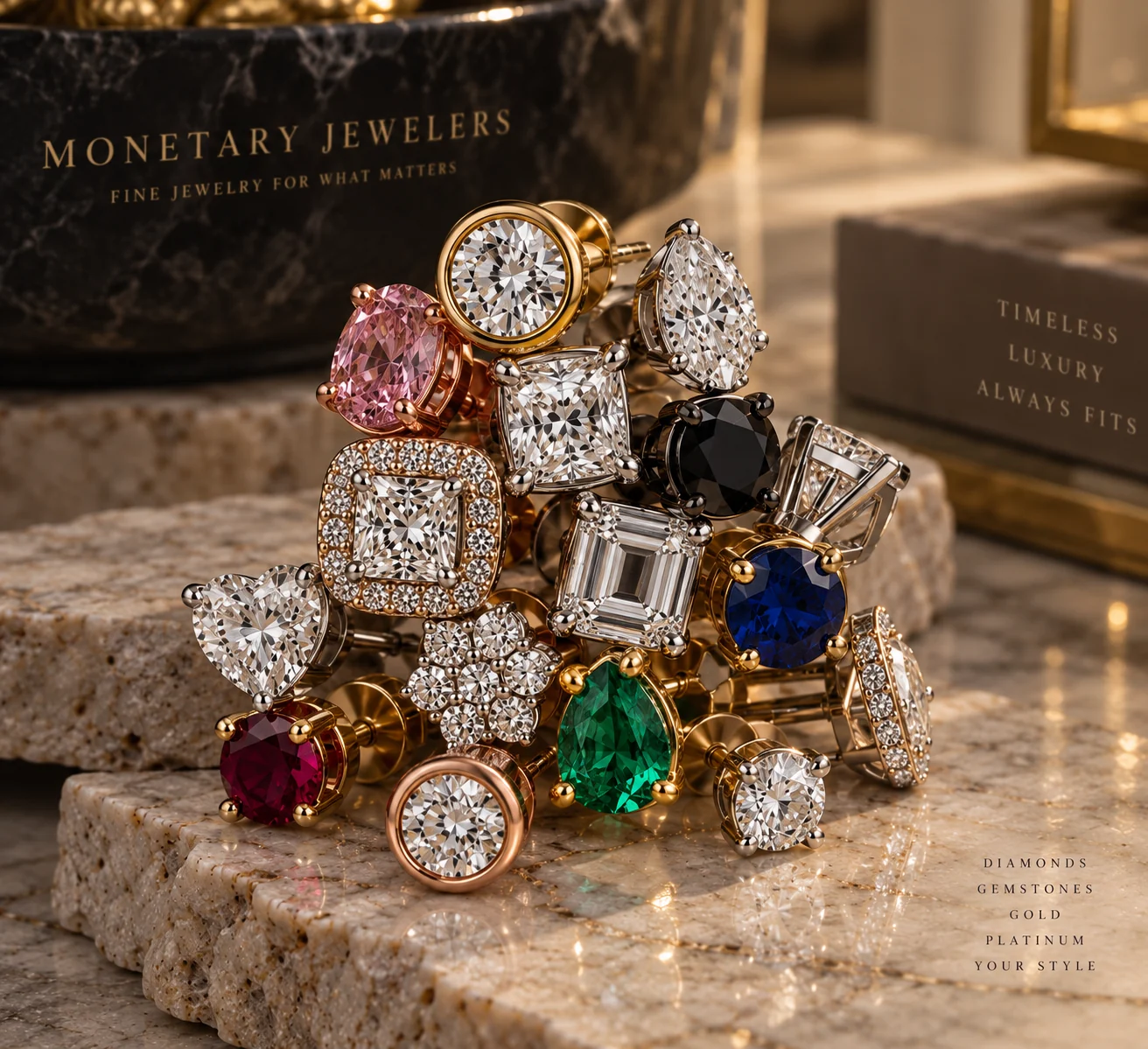 Assorted diamond and colored gemstone stud earrings including pink, blue, black, ruby and emerald stones in white, yellow and rose gold settings