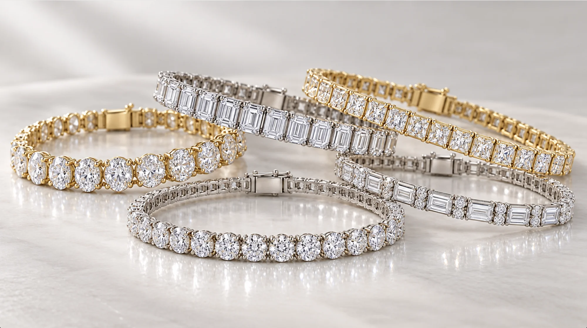 Five diamond tennis bracelets in white and yellow gold showing oval, emerald, princess, round and baguette diamond shapes