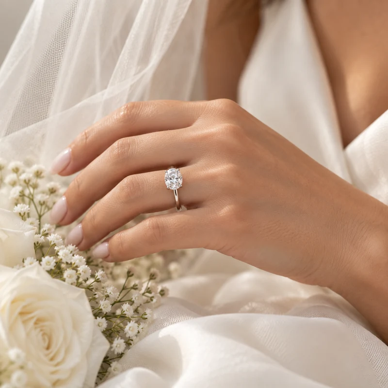 Bride holding a bouquet wearing an oval diamond solitaire engagement ring in white gold