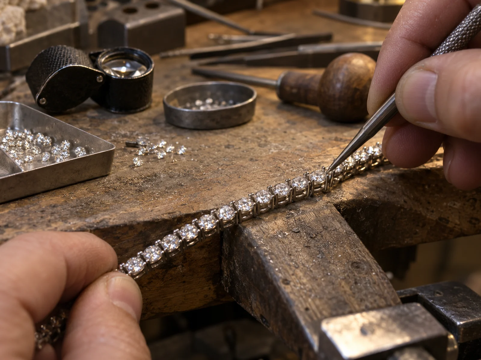 A jeweler setting round diamonds into a white gold tennis bracelet at the bench with tweezers, a loupe and loose diamonds nearby