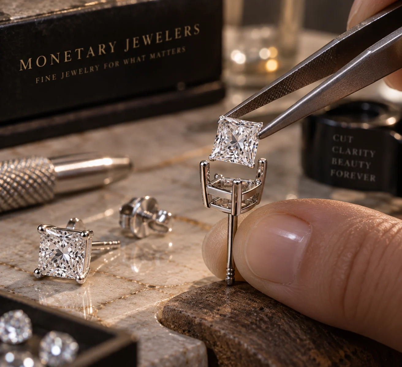 Jeweler using tweezers to set a princess cut diamond into a white gold stud earring